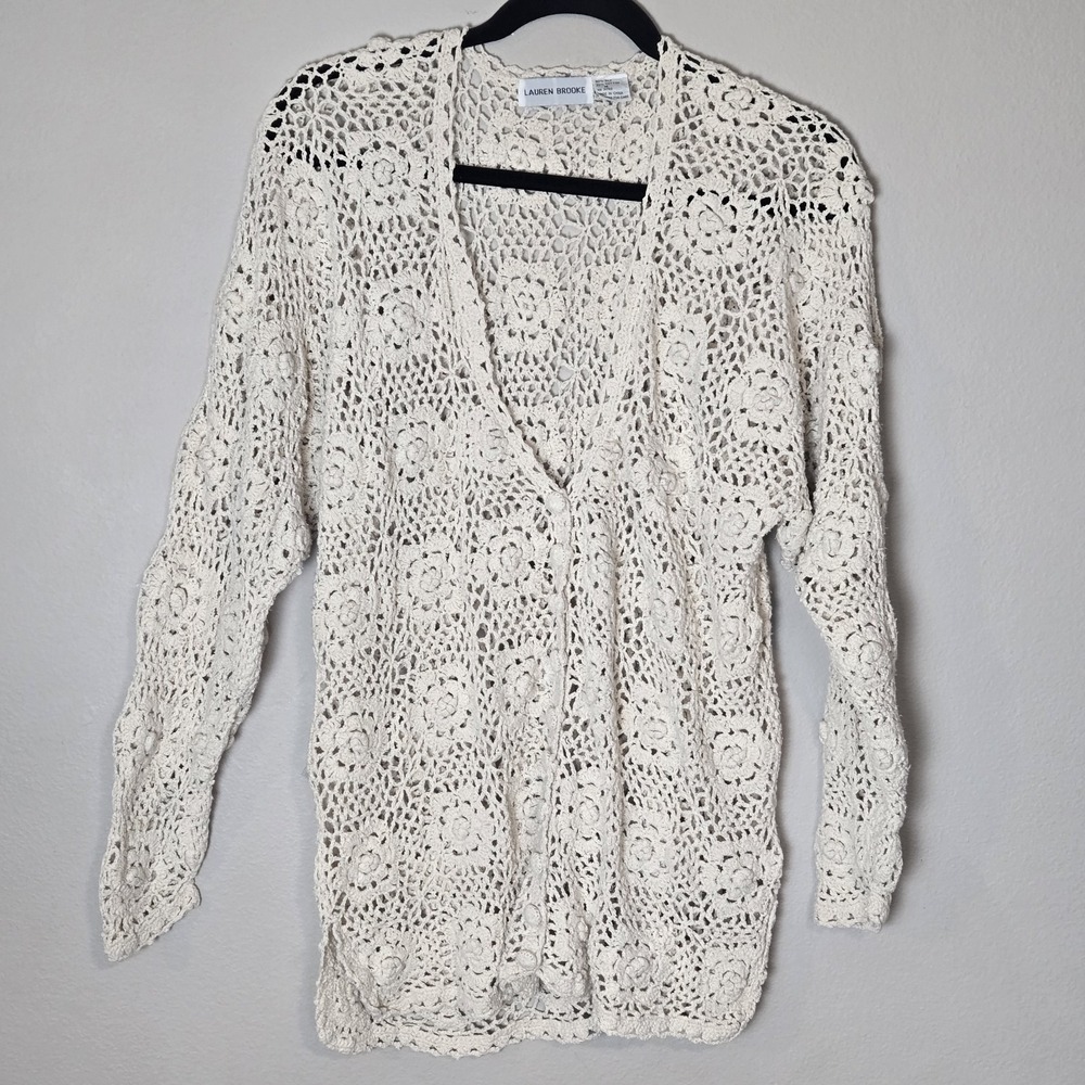 Vintage Silk Blend Crochet Cream Floral Cardigan Sweater Open Knit Sz Medium Y2K